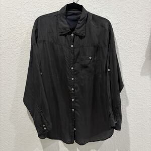 Pete & Greta Black Silk Button Front Shirt Womens L Oversized Pocket